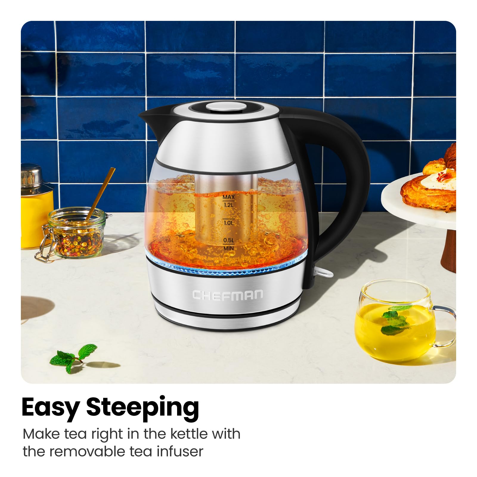 CHEFMAN Electric Kettle - 1.2L 1500W Hot Water Tea Pot with Infuser, BPA Free, Auto Shut Off