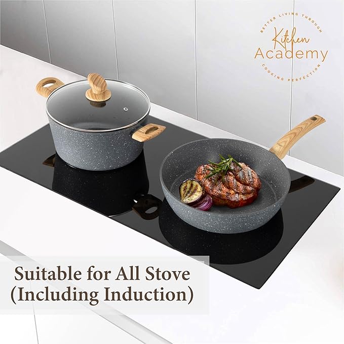 Kitchen Academy Induction Cookware Sets - 12 Piece Gray Cooking Pan Set, Granite Nonstick Pots and
