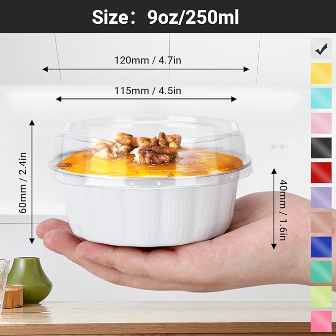 EUSOAR Muffin Liners for Baking, 50pcs 9oz White Foil Ramekins, Aluminum Desert Cups with Lids