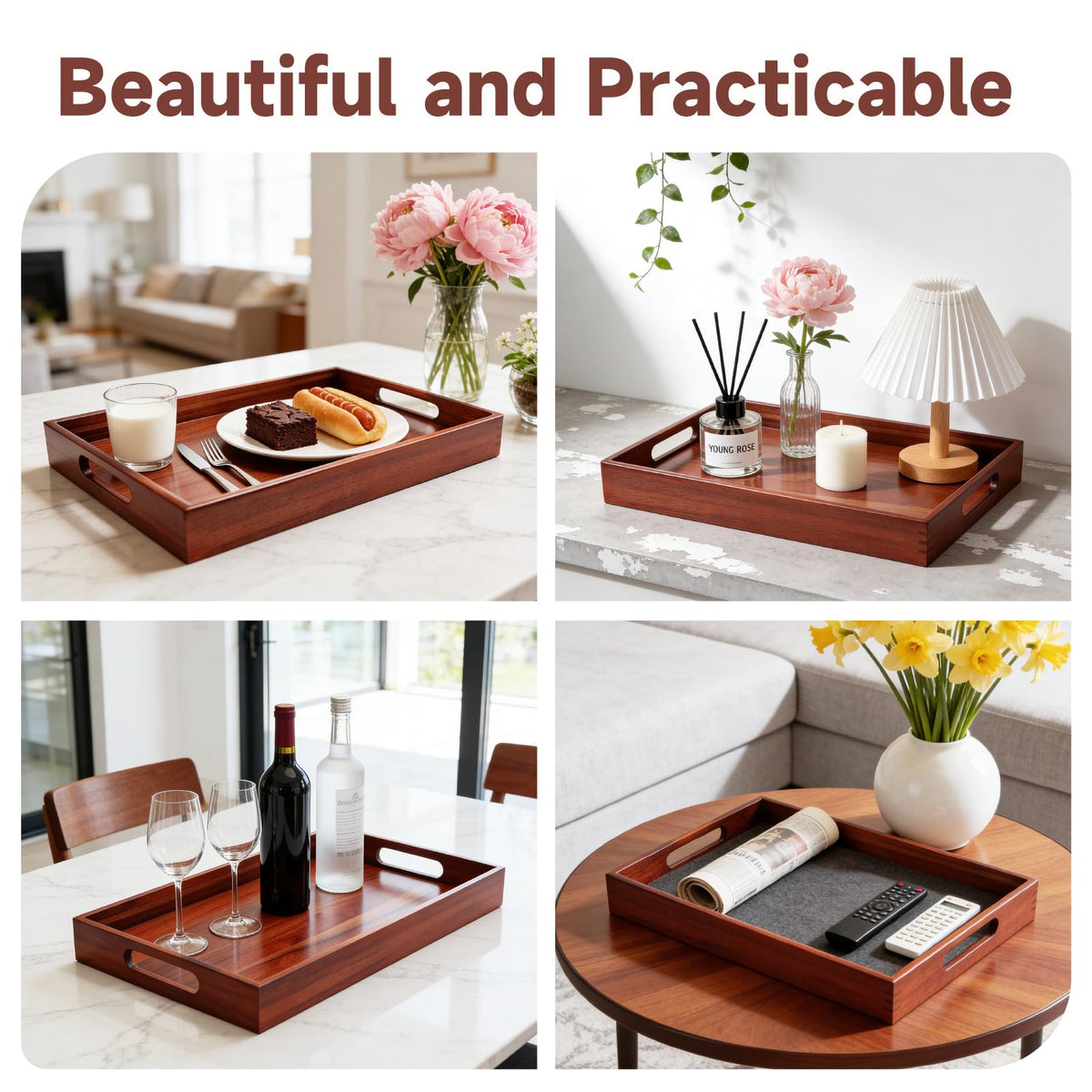 Kiseng 17 x 12 Inch Acacia Wood Large Serving Tray with Handles