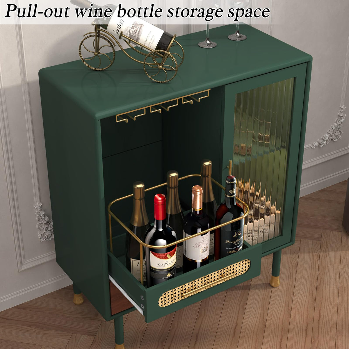 ARTPOWER Modern Coffee Bar Cabinet with Pull-Out Wine Storage, Green