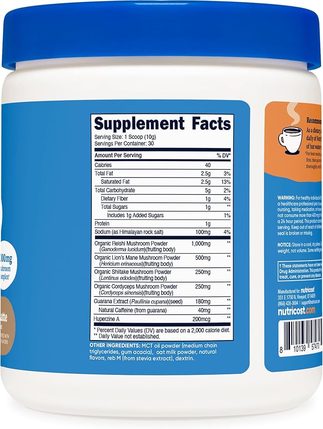 Nutricost Nutrizen AM Focus Adaptogenic Mushroom Drink (Cafe Latte Flavored) 30 Servings - Includes