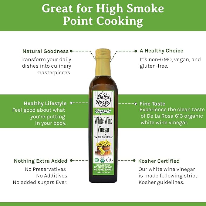 De La Rosa White Wine Vinegar, Raw with the “Mother”, Kosher for Passover, Vegan, Non-GMO & Gluten