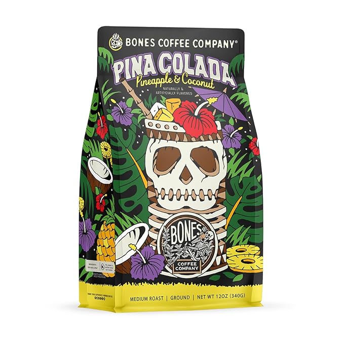Bones Coffee Company Pina Colada, Pineapple and Coconut Flavored Coffee, Medium Roast Low Acid