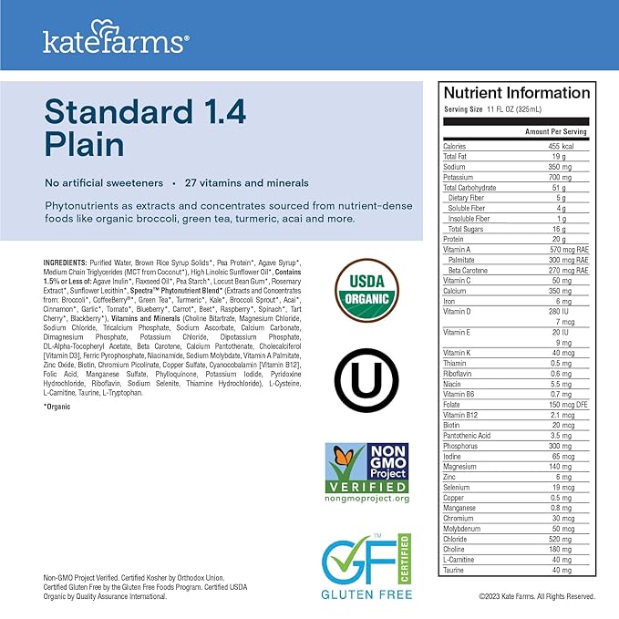 KATE FARMS Organic 1.4 High Calorie Nutrition Shake, Plain, 20g Protein, 27 Vitamins and Minerals