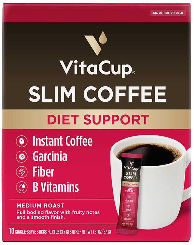 VitaCup Slim Instant Coffee Packets, with Garcinia, Fiber, B Vitamins, Bold & Smooth, Medium Dark