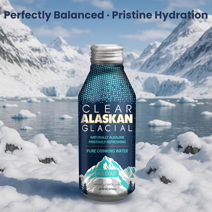 Clear Alaskan Fresh Glacier Water, Naturally Alkaline - Bottled in Aluminum with No Plastic | 16 Fl