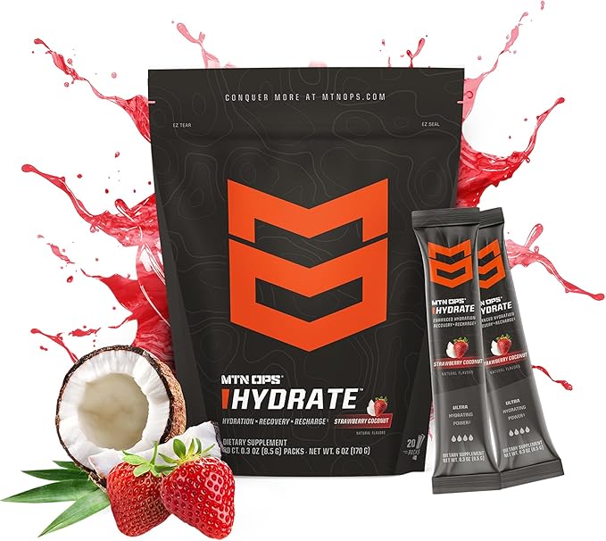 MTN OPS Hydrate Electrolytes Powder Drink Mix, 20 Single Serving On-The-Go Electrolyte Packs with