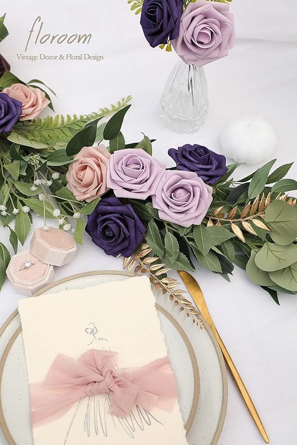 Floroom Artificial Flowers 25pcs Real Looking Lilac & Purple Foam Fake Roses with Stems for DIY