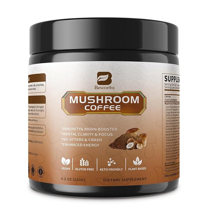 Mushroom Coffee Powder with MCT Oil - 10 Mushrooms Lion's Mane, Turkey Tail, Reishi, Cordyceps &