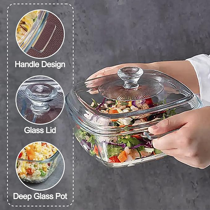 Clear Square Glass Casserole with Lid, Baking Dish with Glass Cover, Oven, Freezer and Dishwasher