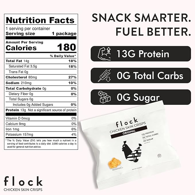 Flock Keto Chicken Skin Chips ??Original Flavor, Low Carb, High Protein, Gluten-Free Chicken