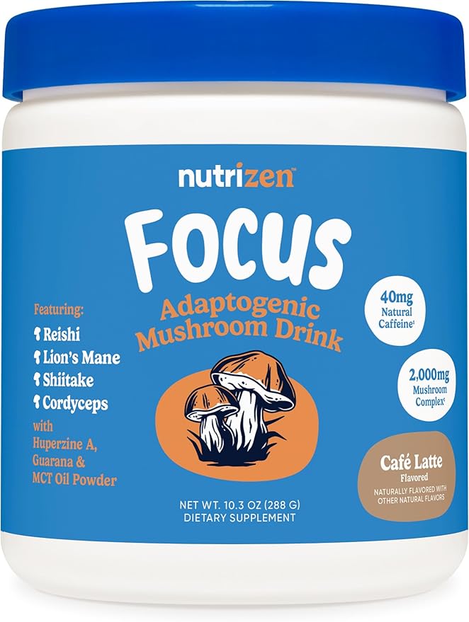 Nutricost Nutrizen AM Focus Adaptogenic Mushroom Drink (Cafe Latte Flavored) 30 Servings - Includes