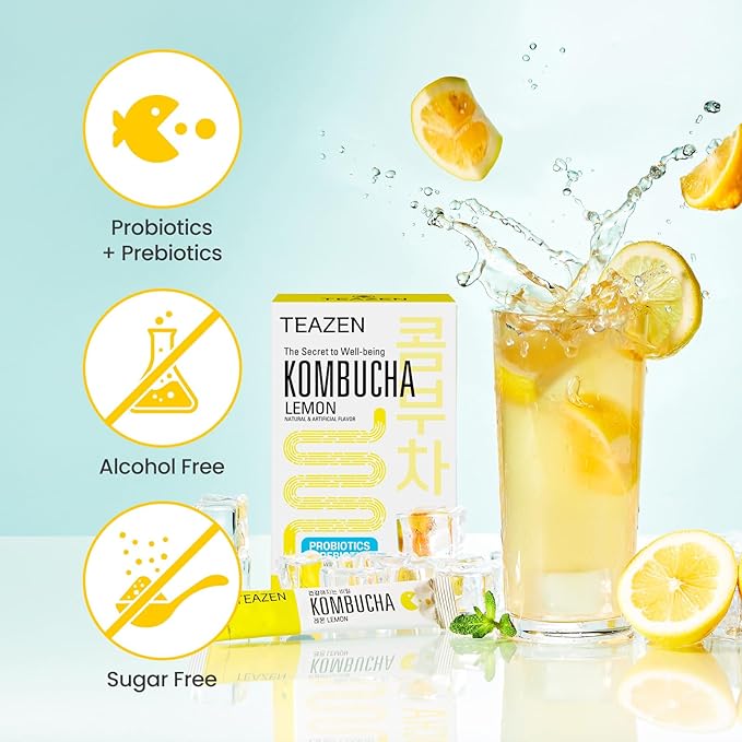 TEAZEN Lemon Kombucha Tea, Hydration Drink Mix, Sugar Free, Live Probiotics & Prebiotics, 10