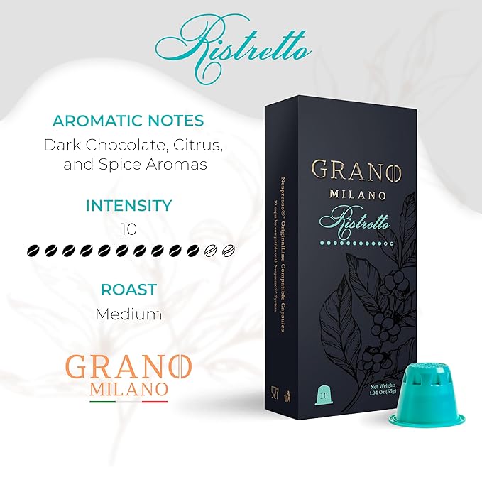 Grano Milano Ristretto - 50 Espresso Pods Compatible with Nespresso Original line, Medium Roast