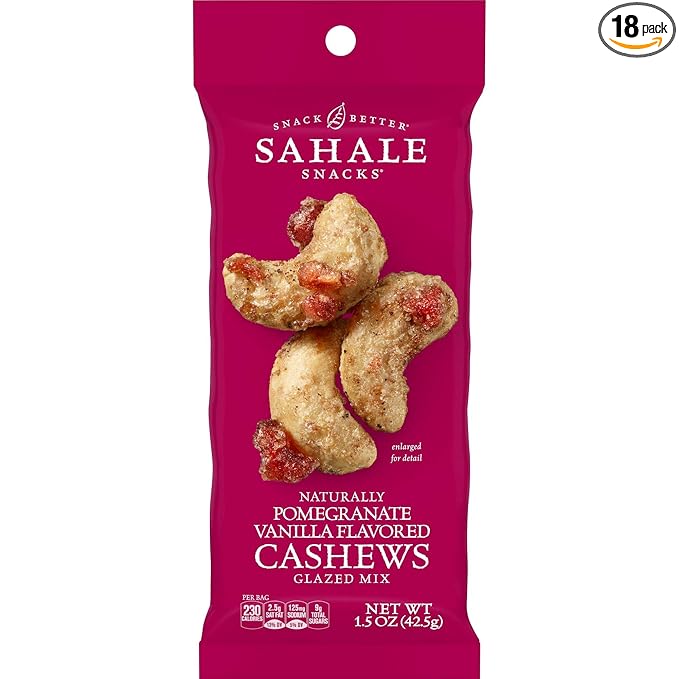 Sahale Snacks Pomegranate Vanilla Cashews, 1.5 oz Bags (18 Packs) - Dry-Roasted Deluxe Mixed Nuts