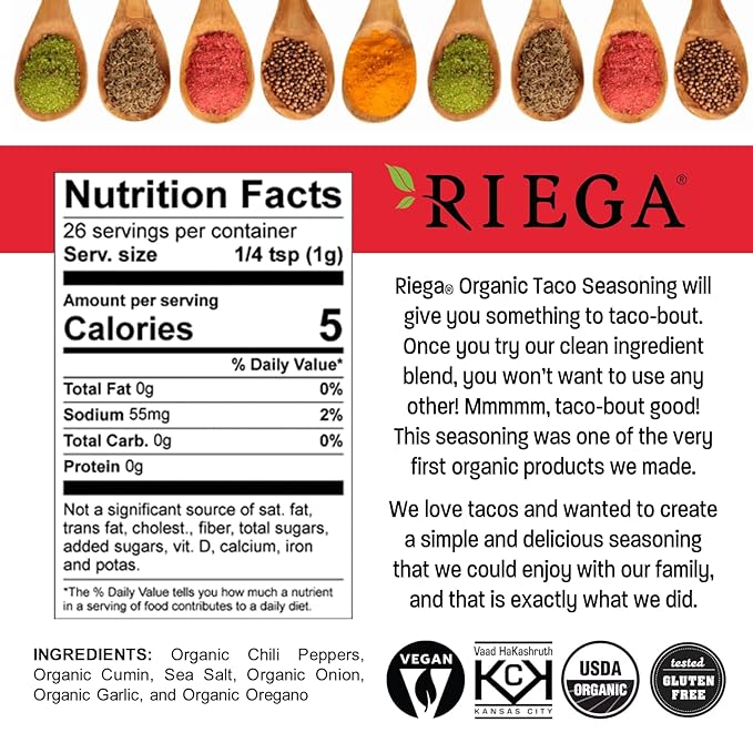 Riega Organic Taco Seasoning, Perfect Tex Mex Spice Mix for Taco Tuesday and Chili (Taco, 0.9 Ounce