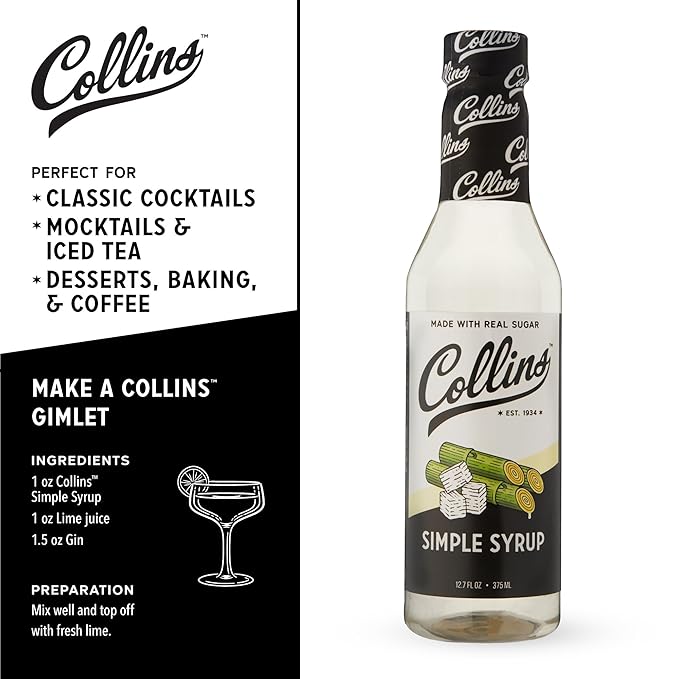 Collins Simple Syrup, Classic Simple Syrup, Soda Water Flavors for cocktails, Old Fashioned Syrup