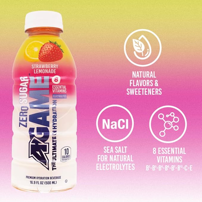 A-Game Zero Sugar Sports Drink, Strawberry Lemonade Zero, Sugar Free Hydration Sports Beverage, 8