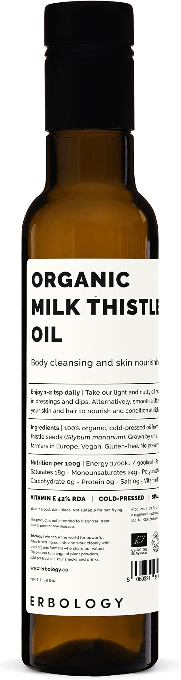 Erbology Organic Milk Thistle Oil 8.5 fl oz - Cold-Pressed - High in Vitamin E - Detoxifying