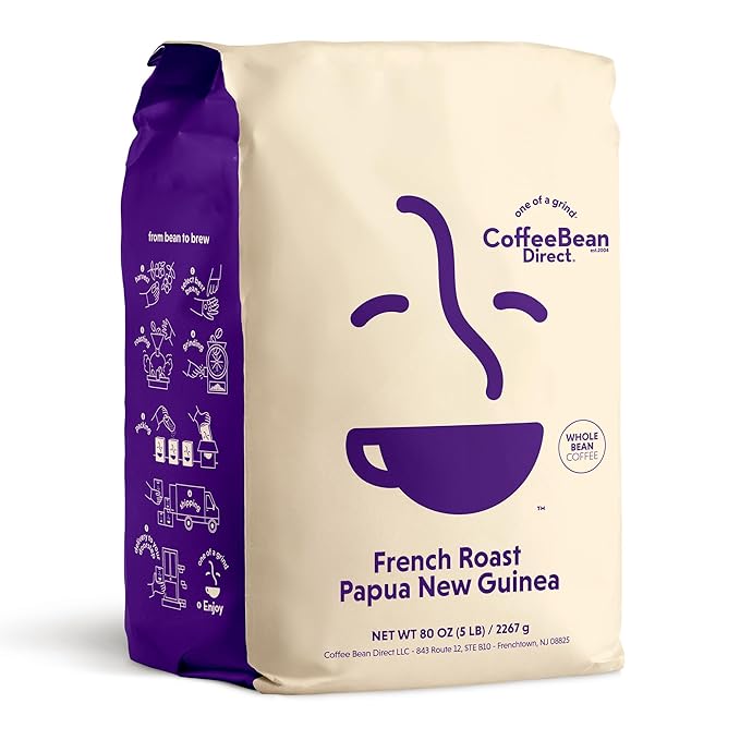 Coffee Bean Direct French Roast Papua New Guinea, Whole Bean Coffee, Arabica Coffee, Dark Roast, 5