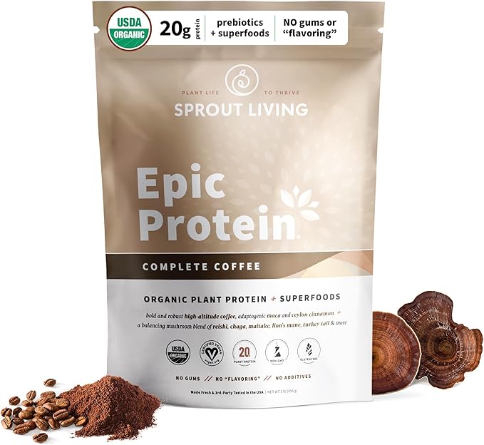 Sprout Living, Epic Protein, Plant Based Protein & Superfoods Powder, Complete Coffee | 20 Grams