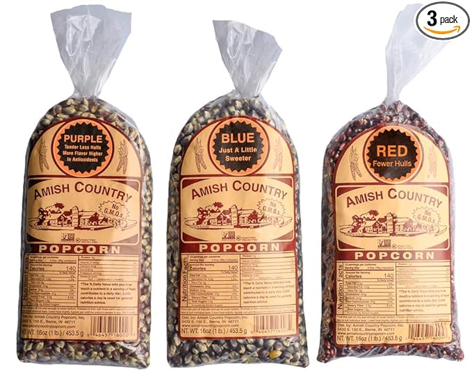 Amish Country Popcorn | 3-1 lb Bags | Purple, Red and Blue Popcorn Kernels | Old Fashioned, Non-GMO