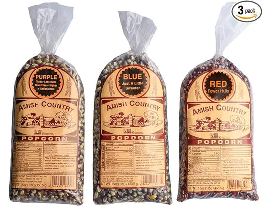 Amish Country Popcorn | 3-1 lb Bags | Purple, Red and Blue Popcorn Kernels | Old Fashioned, Non-GMO