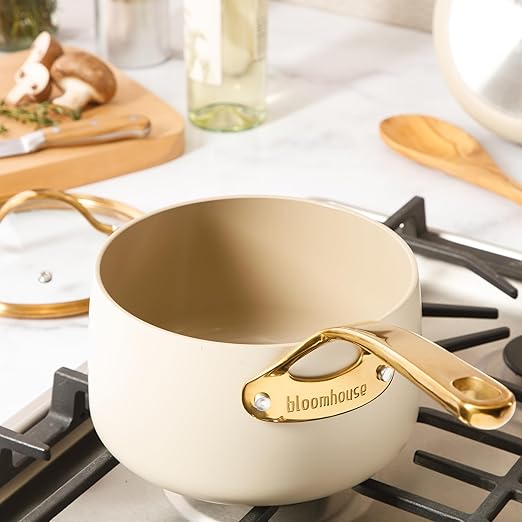 bloomhouse 3 Quart Heavy Duty Aluminum Premium PFA Free Ceramic Nonstick Saucepan with Lid - Almond