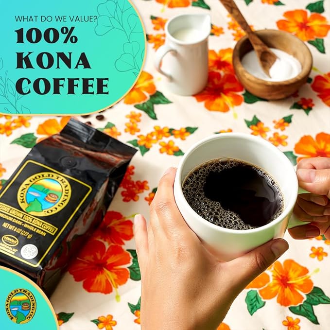 8oz 100% Kona Coffee Whole Beans by Kona Gold Rum Co. - Extra Fancy Freshly Roasted Medium/Dark