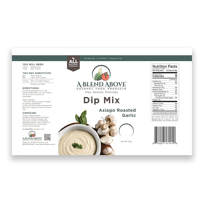 A Blend Above, Asiago Roasted Garlic Dip Mix, 3 Packs, 1 oz. Each, Makes 16 Ounces, Gluten-Free, No