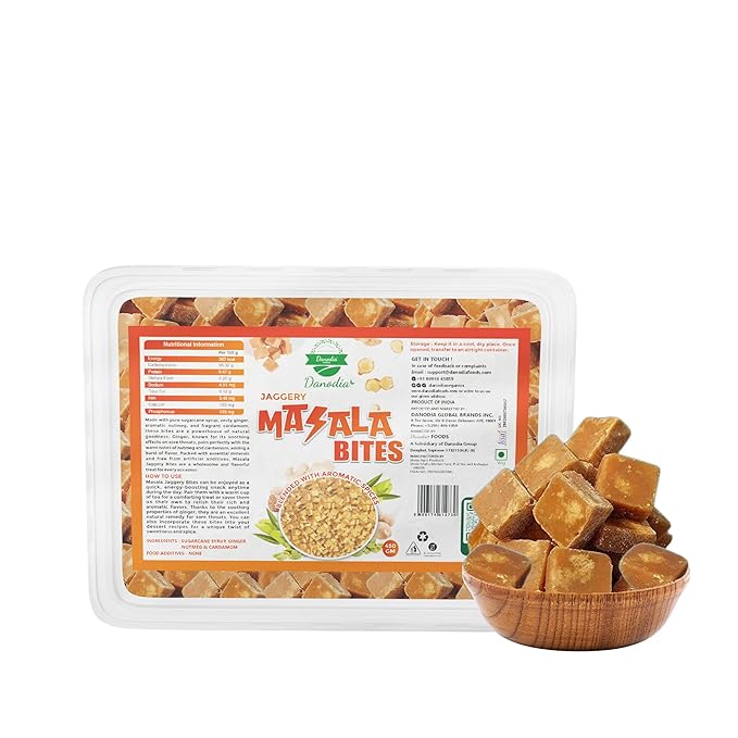 Danodia Foods Organic MASALA JAGGERY Bites/Blocks (450g/16 oz) | Ginger & Cardamom Infused | Gluten