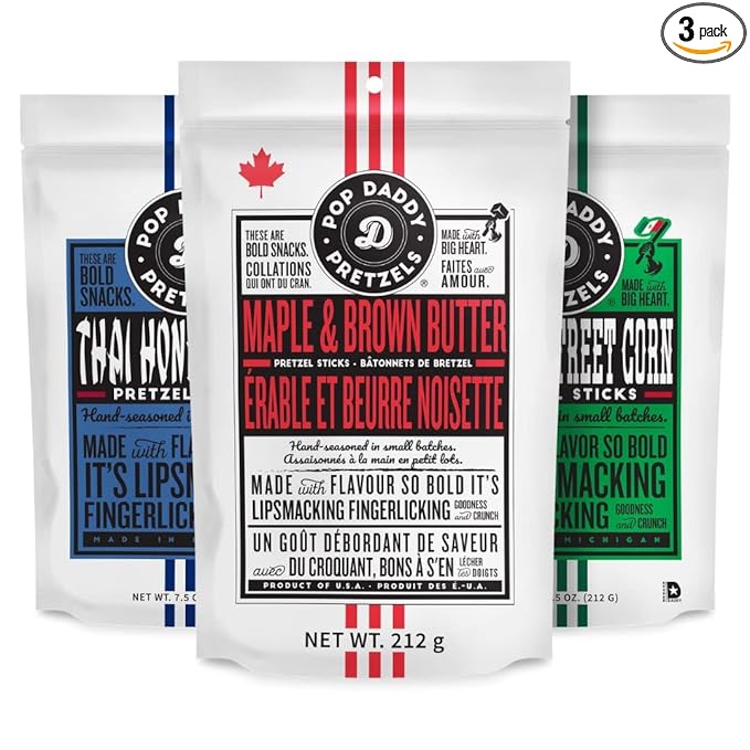 Pop Daddy Flavored Pretzels Sticks, Healthy Gourmet Pretzels, 7.5oz Variety Pack, 3 Pack, Maple and