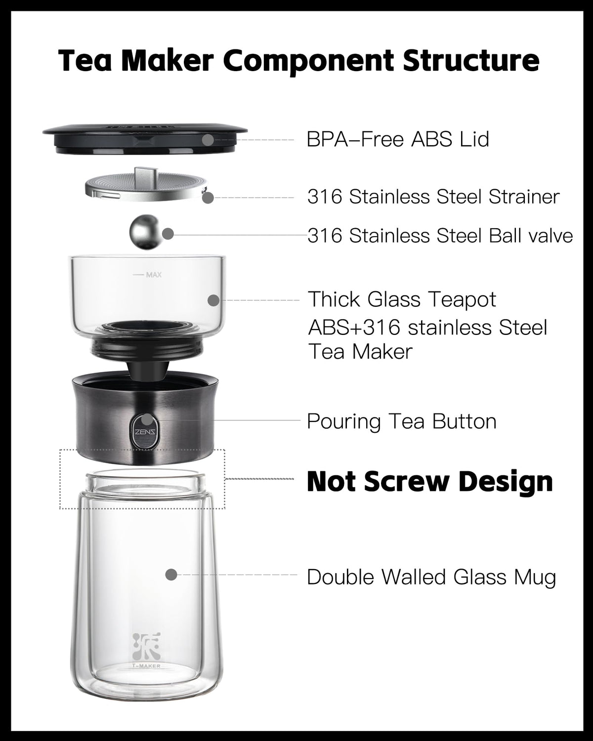 ZENS Modern Tea Infuser Teapot, One Touch Tea Maker for Loos Leaf Tea