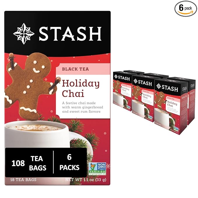 Stash Tea Holiday Chai Tea 18 Count Tea Bags (Pack of 6), Individual Spiced Black Tea Bags for Use