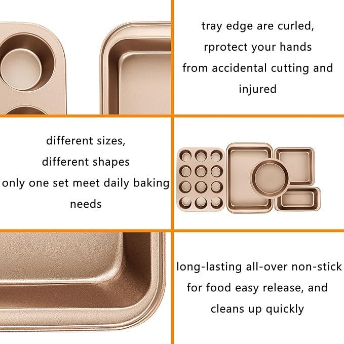 Nonstick Baking Pans Set, 5-Piece Kitchen Baking Sheets for Oven, Bakeware Sets with Round/Square