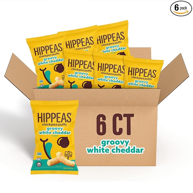 Hippeas Chickpea Puffs, Groovy White Cheddar, 4 Ounce (Pack of 6), 4g Protein, 3g Fiber, Vegan