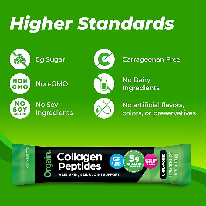 Orgain Hydrolyzed Collagen Peptides Travel Packets For Women & Men - 5g Grass Fed Collagen Per