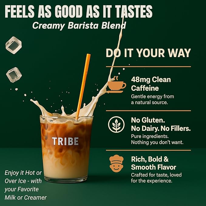 TRIBE 6 Mushroom Coffee + MCT Oil, Creamy Instant Barista Blend - Clean Daily Energy, Focus, Immune