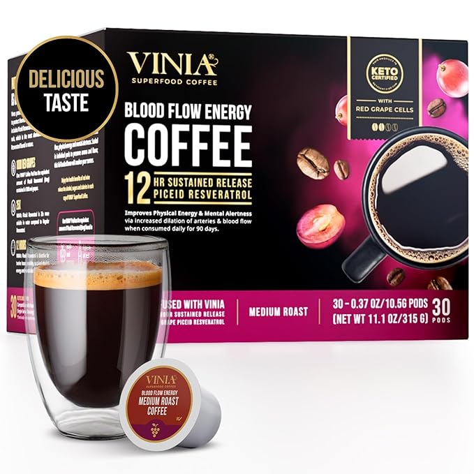 VINIA Blood Flow Energy Coffee Pods - Medium Roast Infused with Red Grape Piceid Resveratrol for