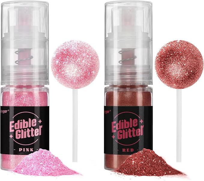 Sujoygar Edible Glitter Spray 2 Colors, Pink and Red Edible Glitter for Cocktails, Shimmer Powder