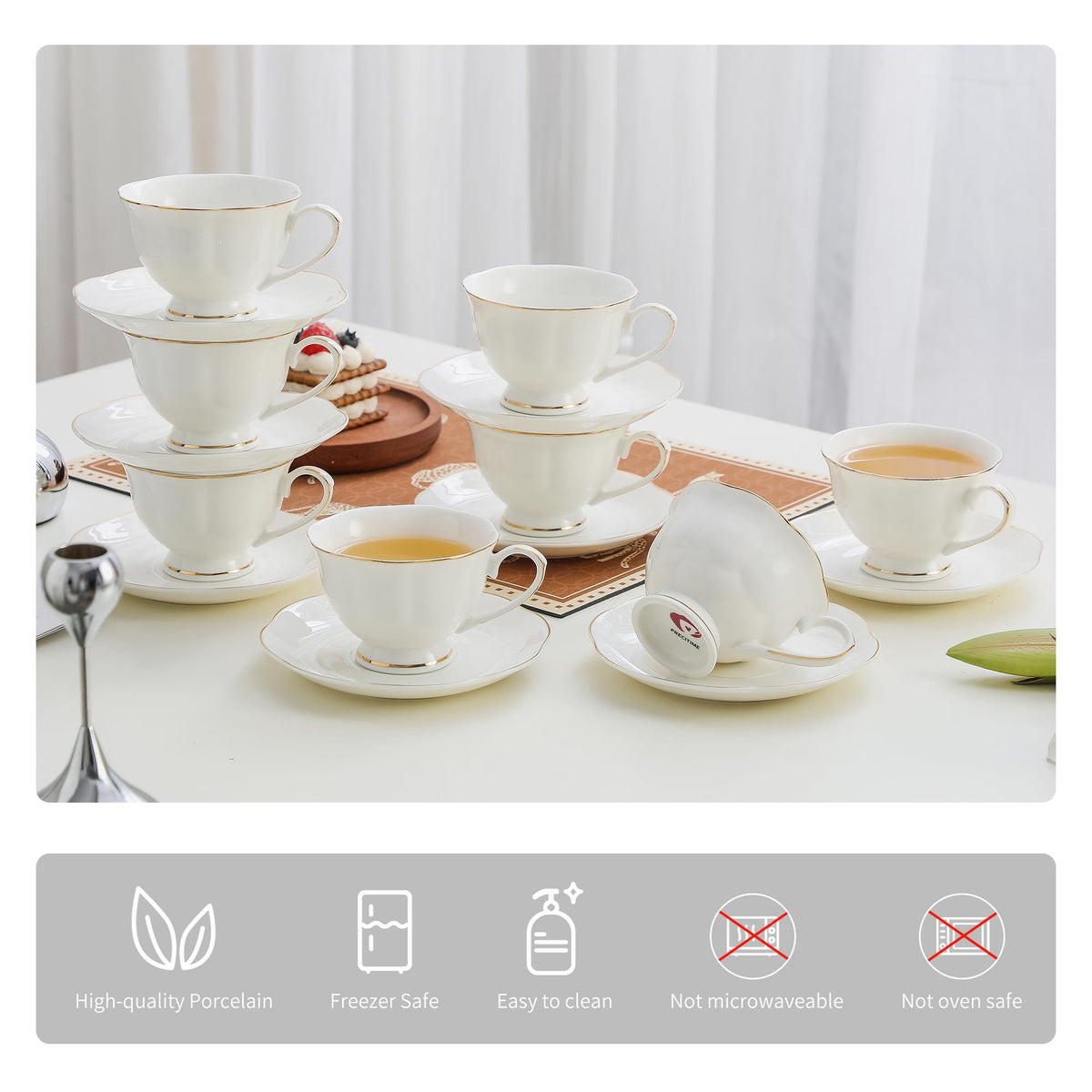 PRECITIME White Ceramic Tea Cup and Saucer Set of 8 (16-Piece) - 6oz Elegant Porcelain Cups with