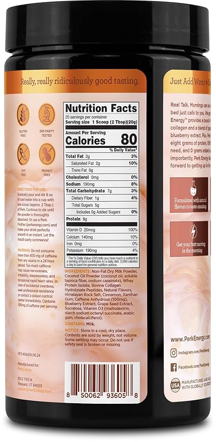 Perk Energy Original Horchata Energy Drink Powder (20 Servings) - Gluten-Free, Peanut-Free