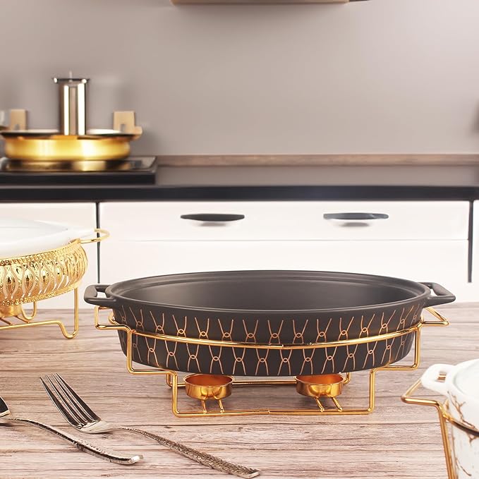 11" x 7.5" Ceramic Oval Casserole Dish with Glass Lid and rack, 40 OZ Serving Soup Tureen,Chafing