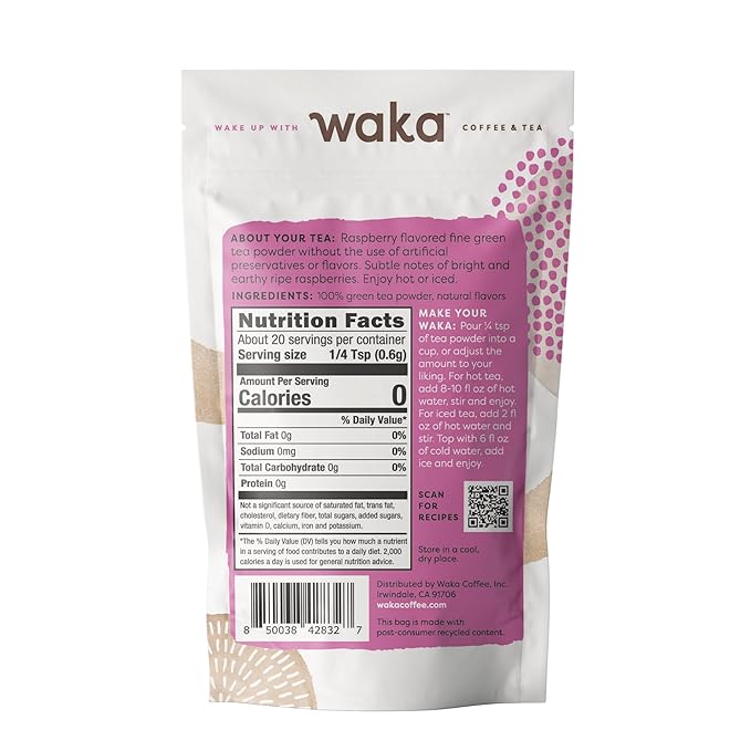 Waka Instant Green Tea Mix, Raspberry Flavored - 100% Tea Leaves, No Additives, Unsweetened