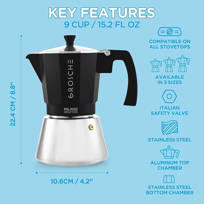 GROSCHE Milano Induction Stovetop Espresso Maker Moka Pot for Greca, Induction, Electric & Gas
