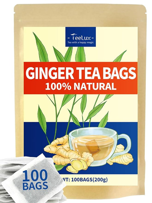 TeeLux Ginger Tea Bags, Natural Ginger Root Tea, Spicy & Zesty & Warm Flavor, Caffeine Free, 100