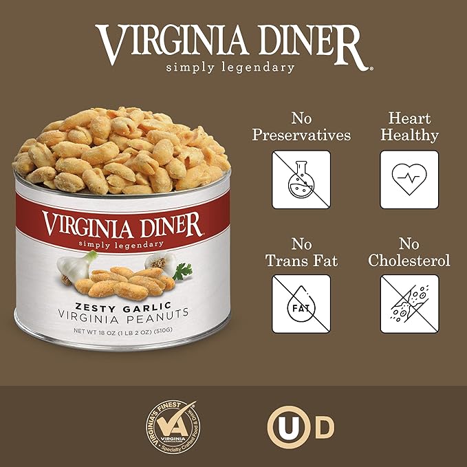 Virginia Diner - Zesty Garlic Seasoned Extra Large Virgnia Peanuts 18oz in Resealable Can for