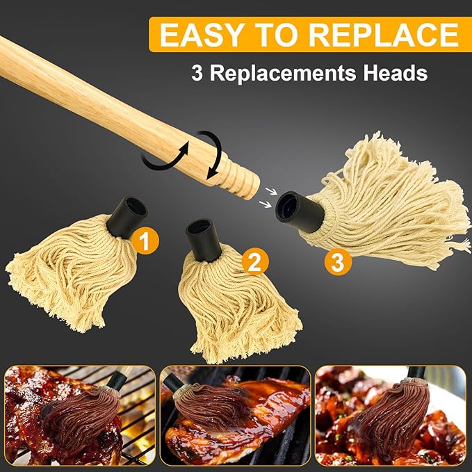 Walfos BBQ Mop Brushes for Sauce, Grilling Basting Mop Wooden Long Handle with 3 Heads, for