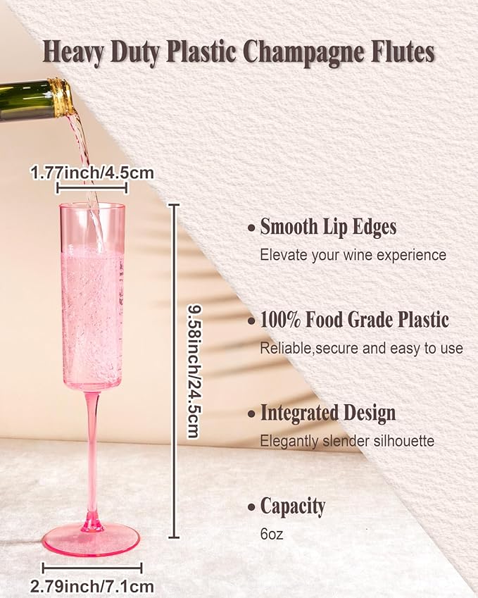 Ciaell 24 Pack Pink Plastic Champagne Flutes - Pink 6 Oz Disposable Champagne Glasses - Square